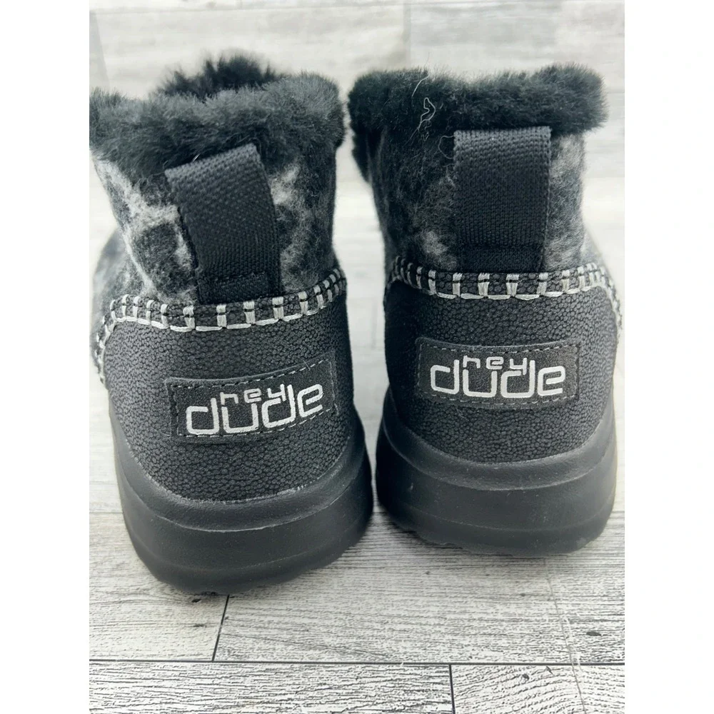 Hey Dude Denny Marble Leopard Grey Black Faux Fur‎ Lined Ankle Boots Women Sz 10